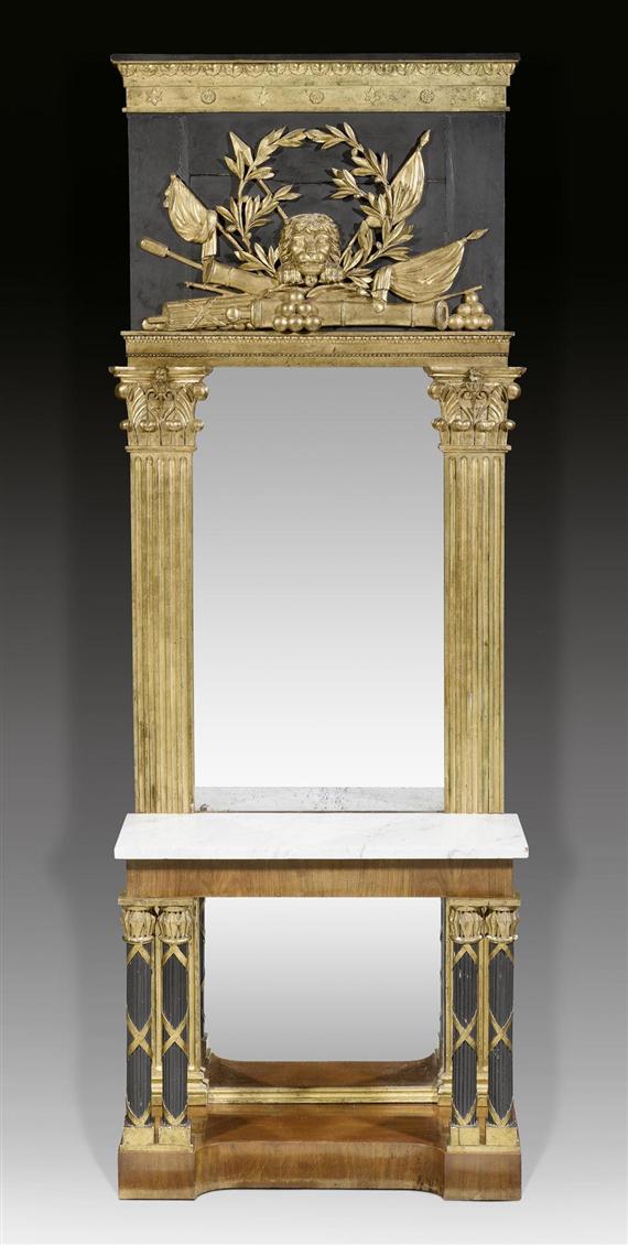 Appraisal: CONSOLE WITH MIRROR AUX TROPHEES D'ARMES Biedermeier probably Northern Italy