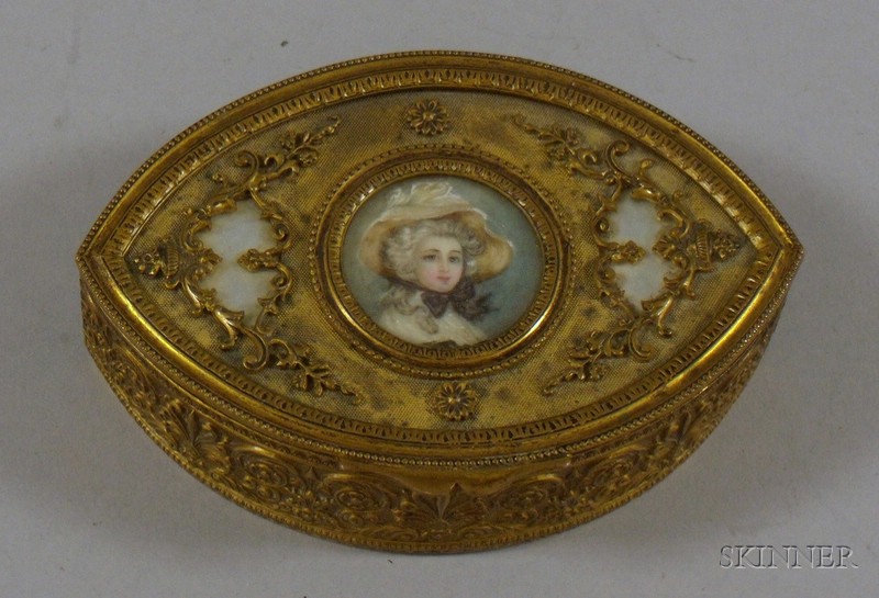 Appraisal: Gilt-brass Trinket Box with Watercolor Miniature Portrait on Ivory of