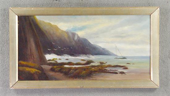 Appraisal: Oil on Canvas Rocky shoreline with ship wreck Signed with