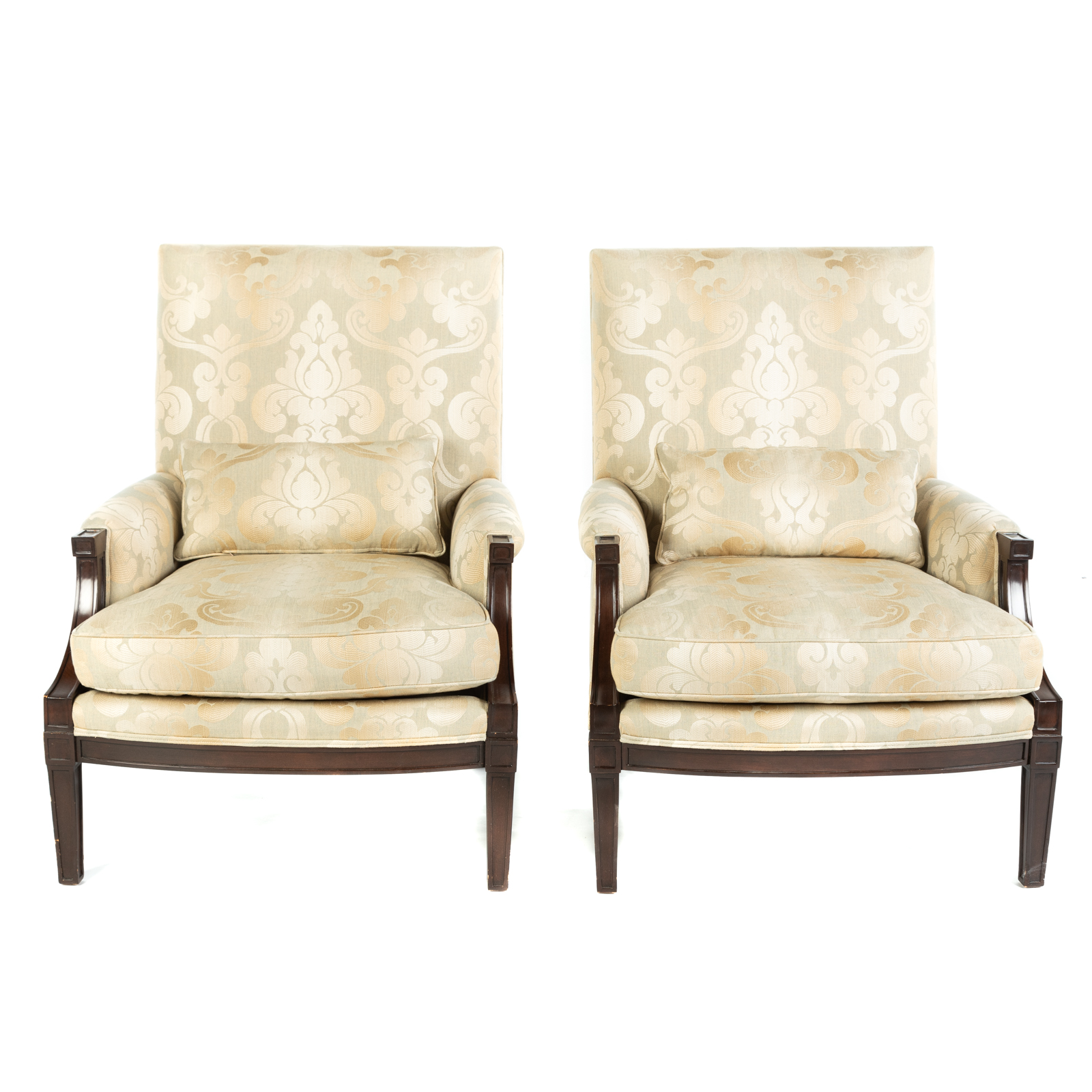 Appraisal: PAIR REGENCY STYLE CUSTOM UPHOLSTERED ARMCHAIRS th century probably Scalamandre