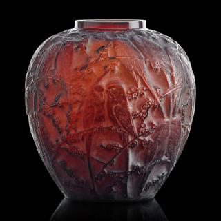 Appraisal: LALIQUE Perruches vase dark amber glass LALIQUE Perruches vase France