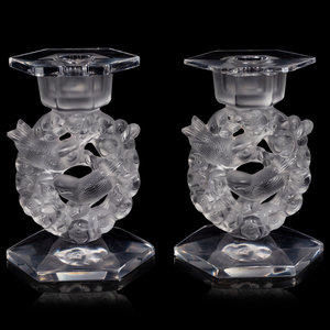 Appraisal: A Pair of Lalique Mesanges Candlesticks with Drip Guards Second