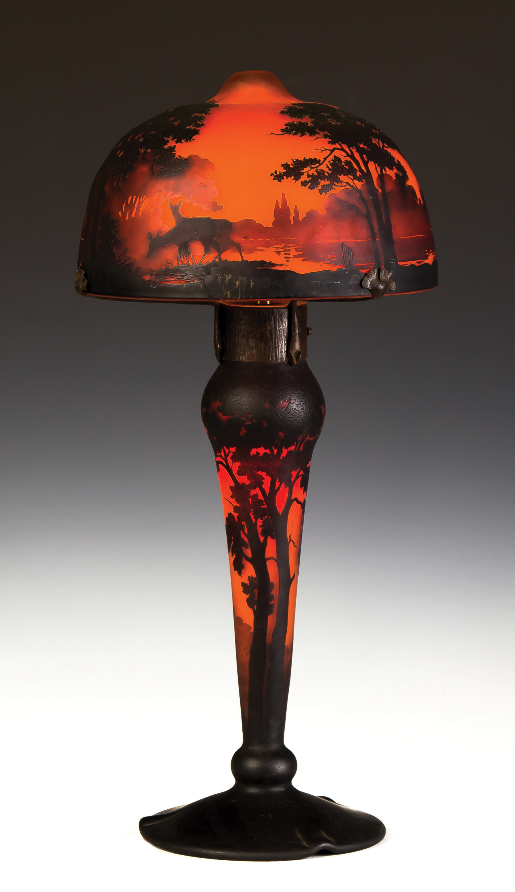 Appraisal: Muller Freres Cameo Lamp with Sunset Lake and Deer Early