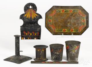 Appraisal: Seven pieces of toleware to include a hanging match safe