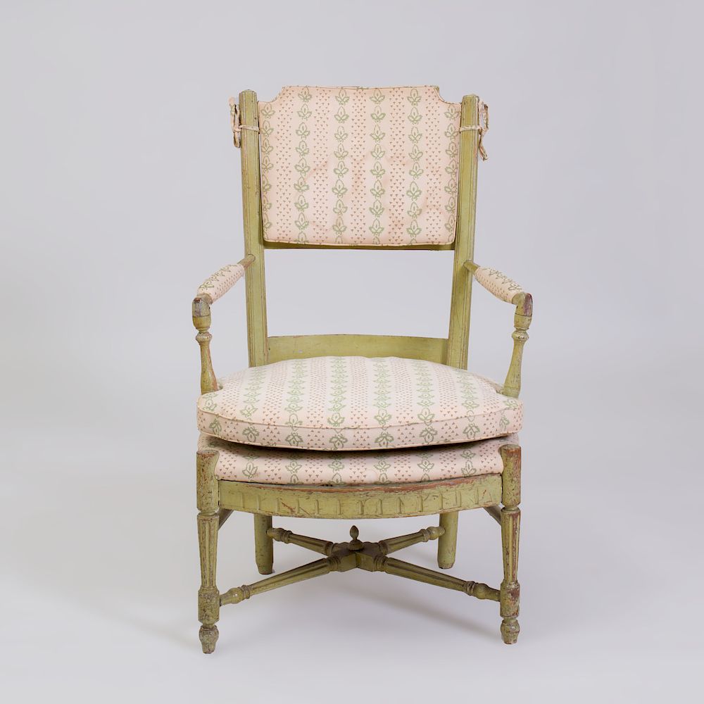 Appraisal: French Provincial Painted Ladderback Armchair Fitted with a rush seat