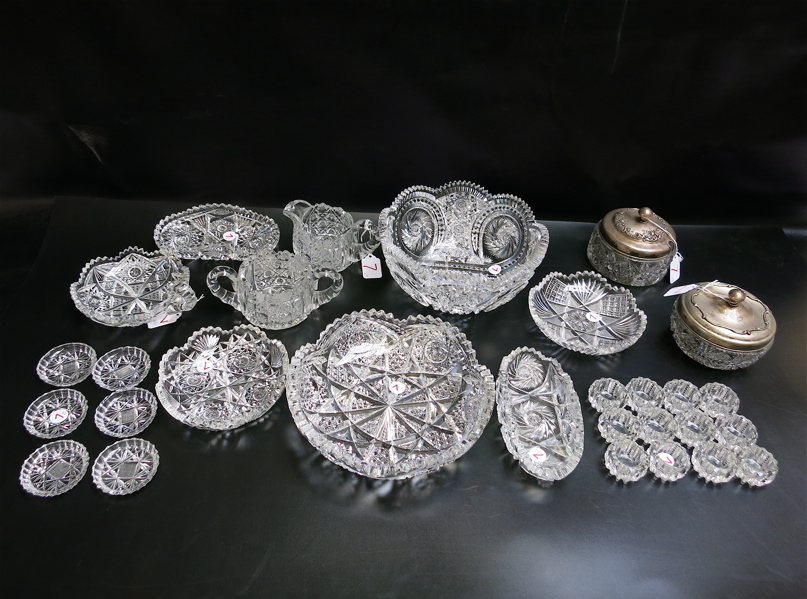 Appraisal: TWENTY-NINE CUT CRYSTAL TABLEWARE PIECES centerpiece bowl low bowl sterling