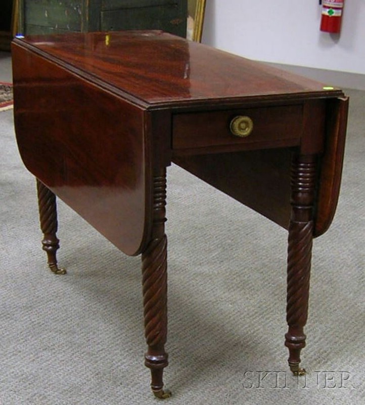 Appraisal: Classical Mahogany Drop-leaf Table with Rope-turned Legs single end drawer