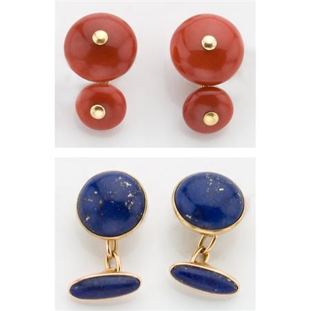 Appraisal: Pair of Lapis Cufflinks and Pair of Coral Cufflinks Estimate