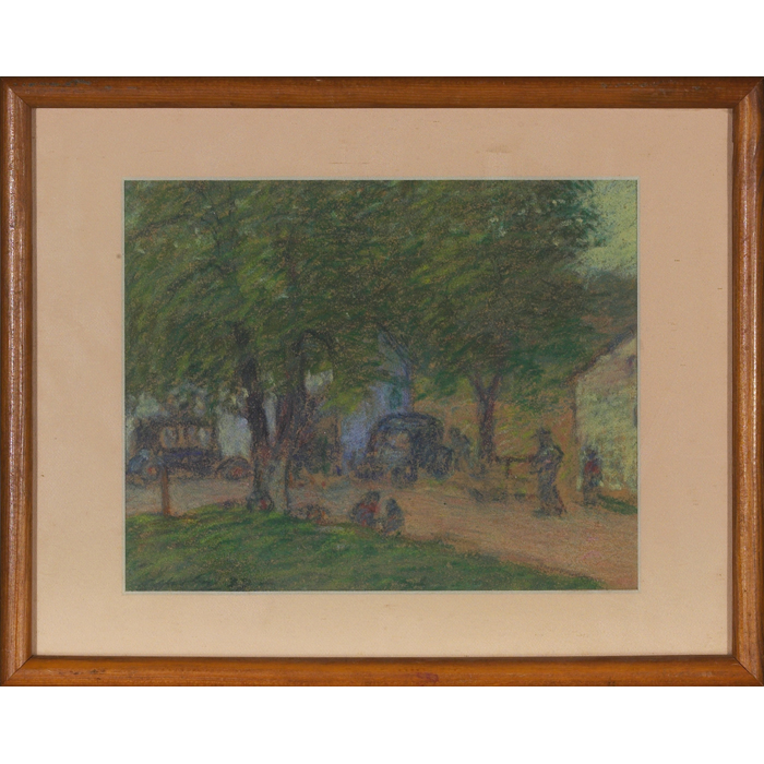 Appraisal: E T Hurley drawing Park Scene with Figures and Cars