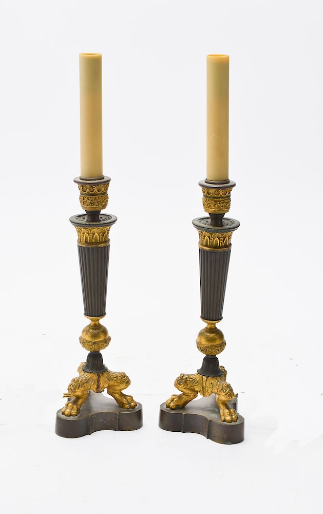 Appraisal: Neo-Classical Gilt Bronze Candlestick Lamps Pair Pair of Neo-classical gilt-bronze