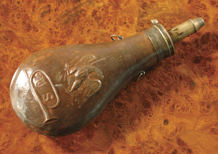 Appraisal: R DINGEE POWDER FLASK body with copper repousse of an