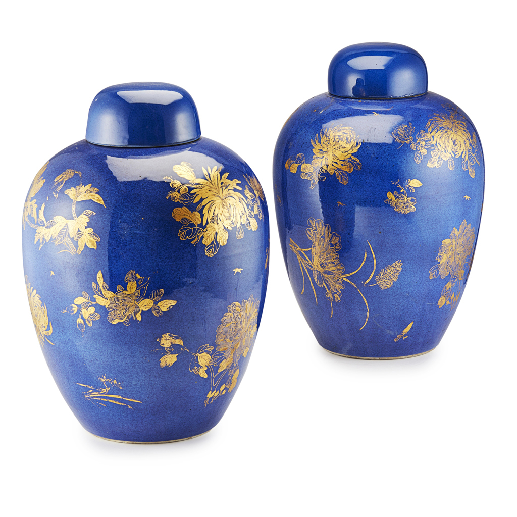 Appraisal: PAIR OF GILT-DECORATED POWDER-BLUE OVOID JARS AND COVERS QING DYNASTY