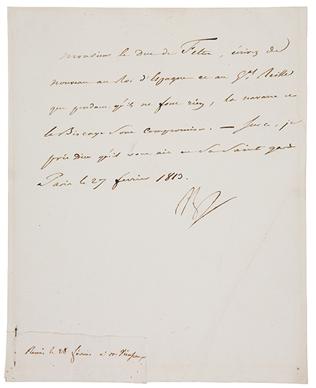 Appraisal: NAPOLEON Letter Signed Np to the Duke of Feltre in