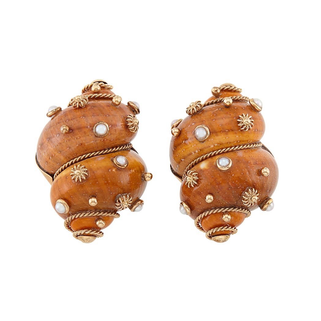 Appraisal: Pair of Gold Shell and Split Pearl Earclips Maz kt