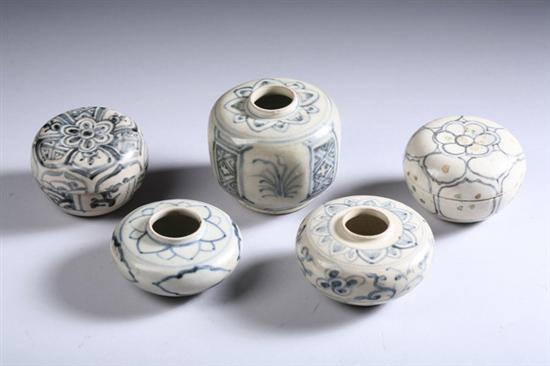 Appraisal: TWO VIETNAMESE BLUE AND WHITE STONEWARE BOXES AND THREE JARLETS