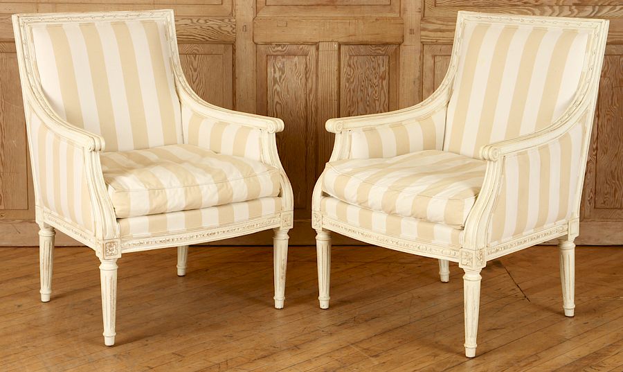 Appraisal: PAIR UPHOLSTERED LOUIS XVI STYLE BERGERE CHAIRS A pair of