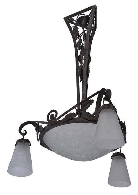 Appraisal: Muller Freres of LunevilleA frosted glass and wrought iron hanging