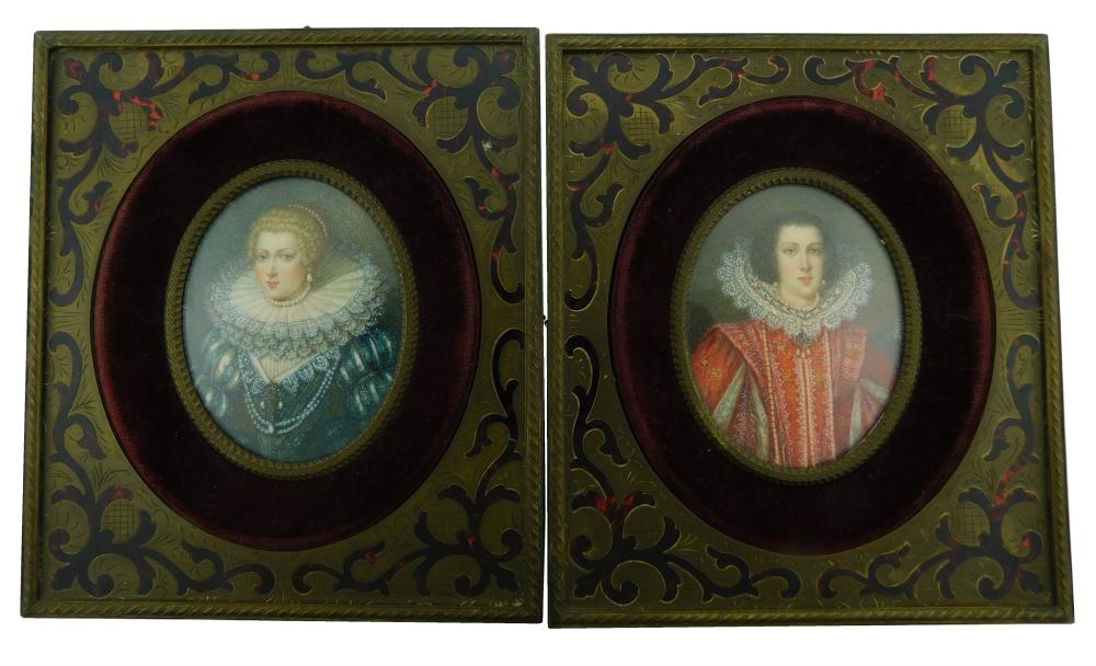 Appraisal: TWO MINIATURES Pair in Elizabethan dress one in red and