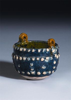 Appraisal: An unusual Chinese pottery model of a small cauldron decorated