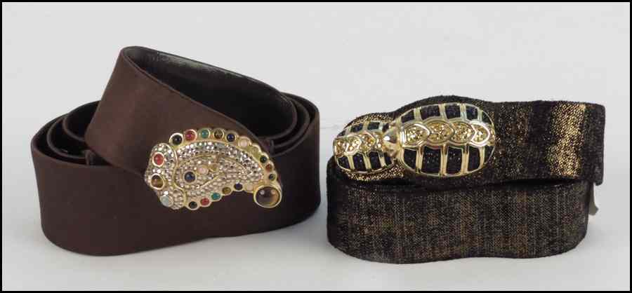 Appraisal: TWO JUDITH LEIBER BELTS Includes a satin and a suede