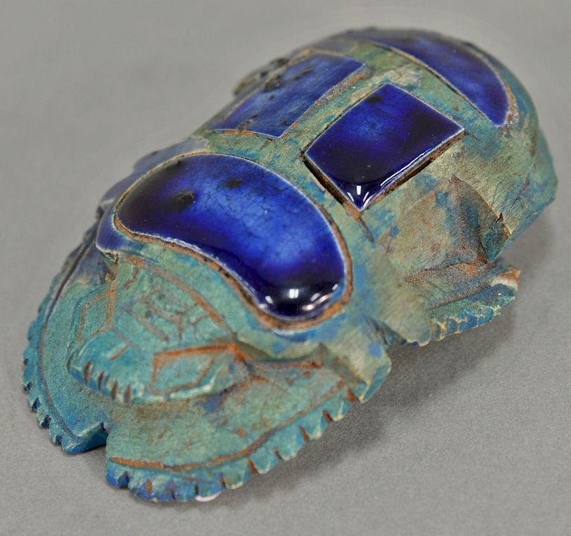 Appraisal: Cairo Museum blue enameled stone scarab with onnig of Cairo