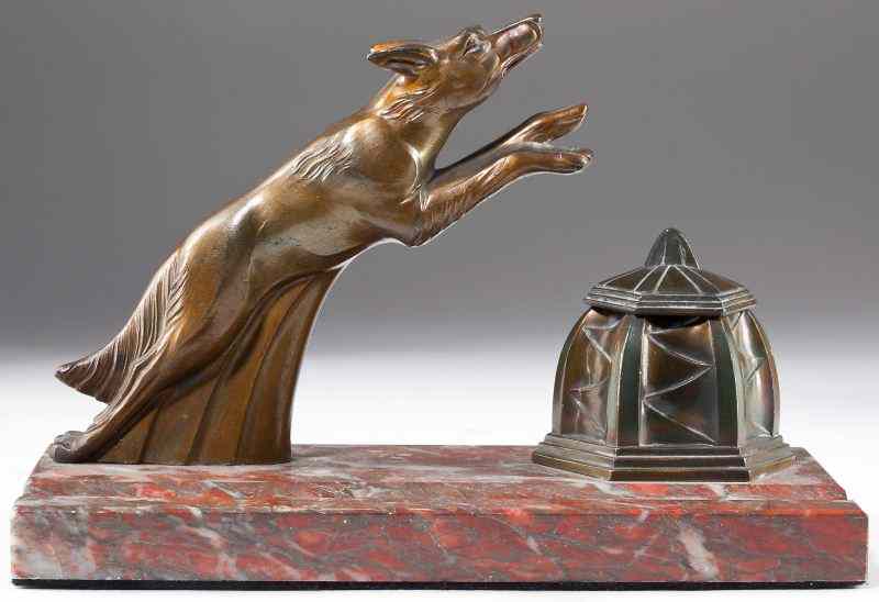 Appraisal: Franjou Art Deco ''Alsatian'' Inkwellbronze tone Spelter metal modeled as