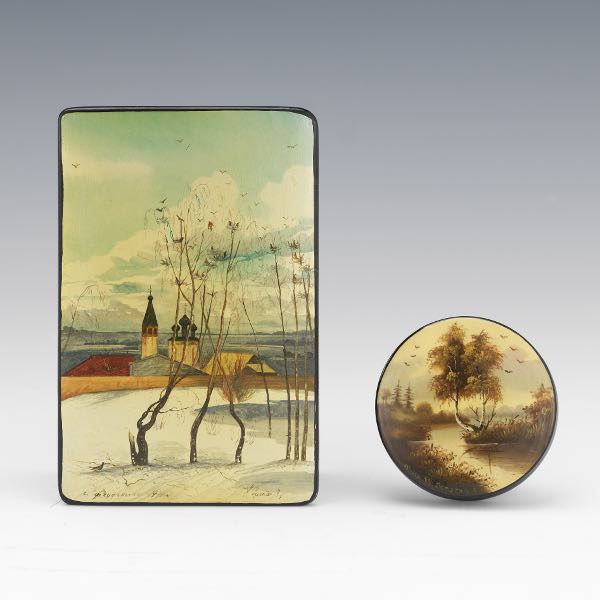 Appraisal: TWO RUSSIAN LACQUER BOXES WITH LANDSCAPES Two Russian lacquer boxes