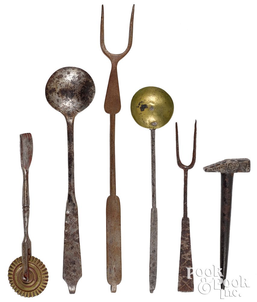 Appraisal: Six miniature wrought iron and brass utensils Six miniature wrought