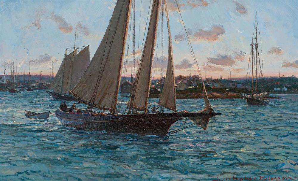 Appraisal: CHRISTOPHER BLOSSOM American b Ships at Sunrise oil on masonite