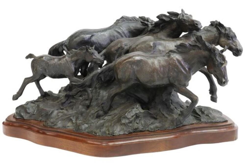 Appraisal: Western patinated bronze sculpture Five Galloping Horses signed in cast