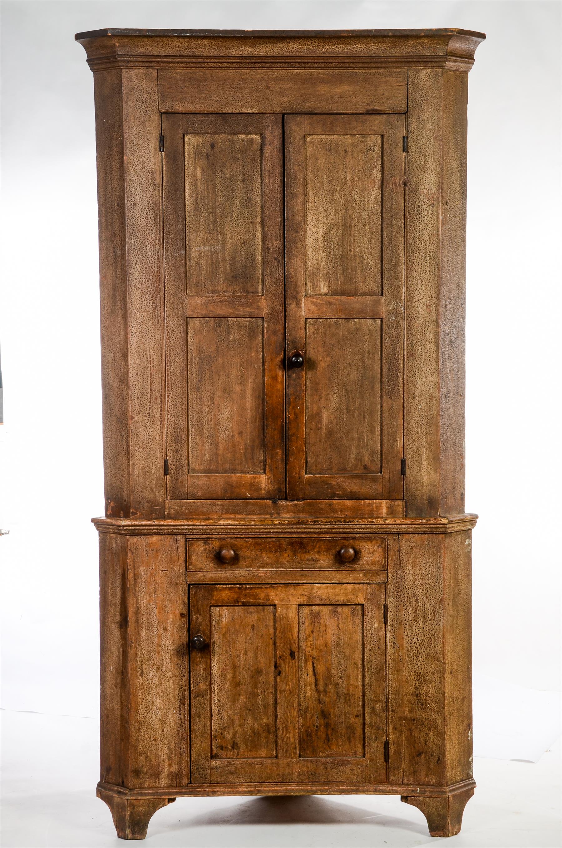 Appraisal: PENNSYLVANIA DECORATED CORNER CUPBOARD Mid th century pine Two piece