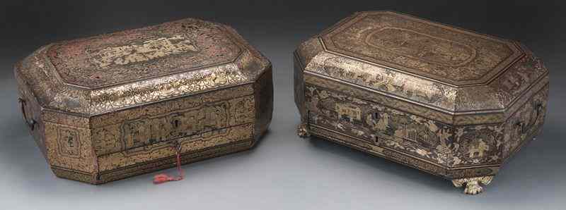 Appraisal: Chinese export chinoiserie lacquer sewingboxes of like form each with