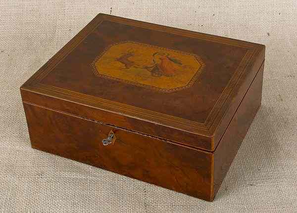 Appraisal: Burl veneer sewing box mid th c with a fitted