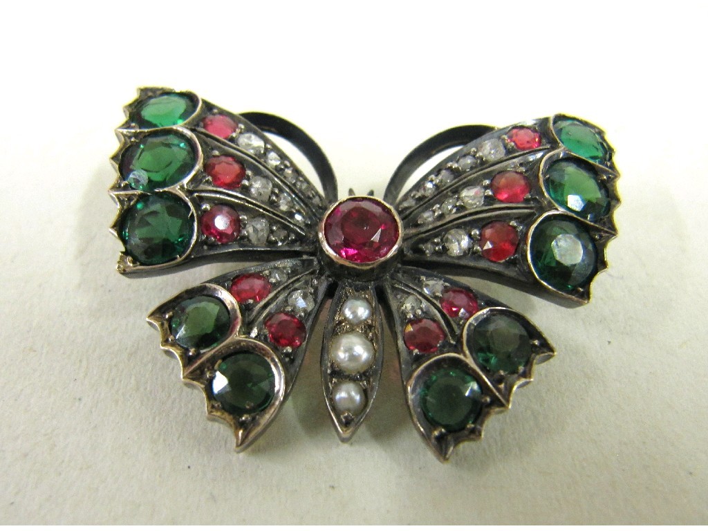 Appraisal: Victorian silver and gold butterfly brooch set with rough cut