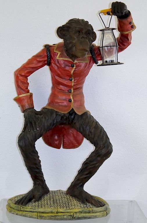 Appraisal: Polychrome Door Butler Monkey Statue w Lantern Large monkey butler