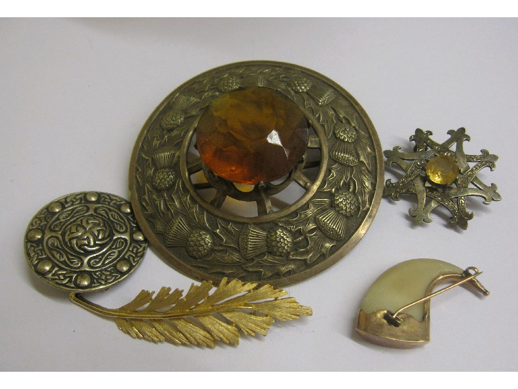 Appraisal: Lot comprising large Scottish stone set plaid brooch Trifari leaf