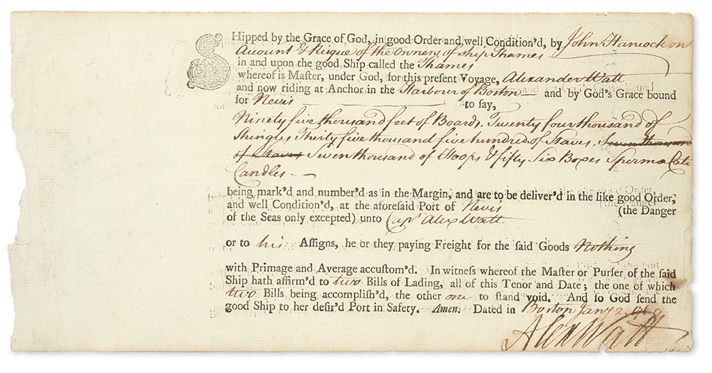 Appraisal: SIGNER HANCOCK JOHN Partly-printed Document accomplished and Signed in the