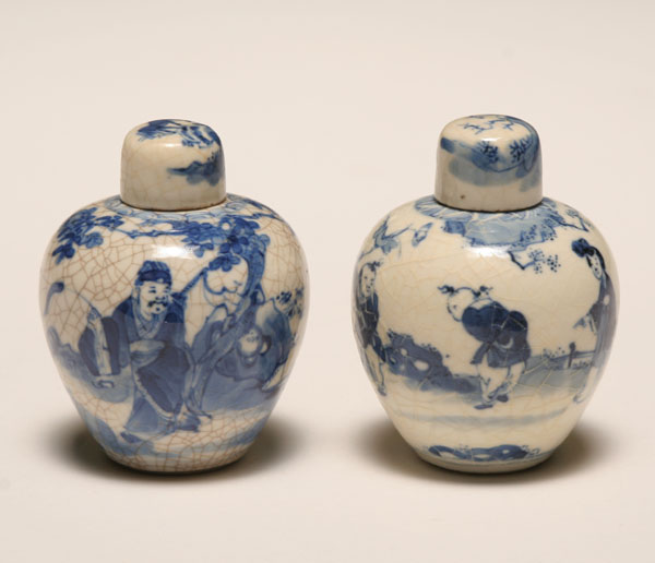 Appraisal: Pair Chinese th century underglaze blue lidded jars in crackled