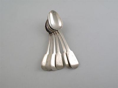 Appraisal: Fiddle Pattersn Box table spoons five by Eley and Feaon