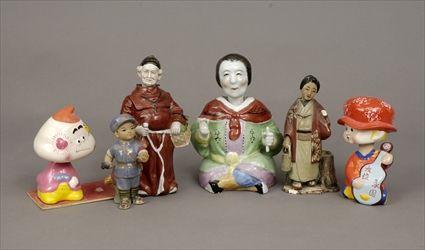 Appraisal: Five Pottery Porcelain and Papier-M ch Bobbing-Head Oriental Figures Together