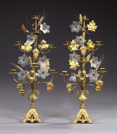 Appraisal: Large Pair of French Gilt-Brass and Pressed Glass Seven-Light Lily