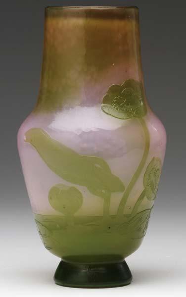 Appraisal: DAUM Vase with acid-etched lotus flowers and leaves in green