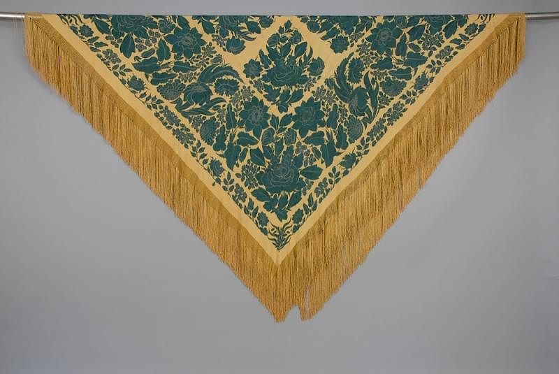 Appraisal: CHINESE EXPORT EMBROIDERED SHAWL s Double sided pale gold silk