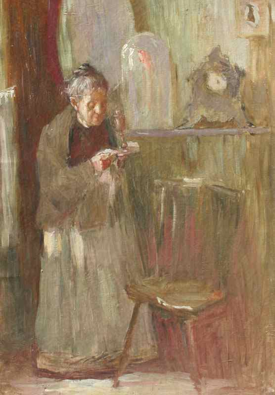 Appraisal: TH C IMPRESSIONIST INTERIOR SCENE WITH ELDERLY WOMAN HOLDING CHAMBERSTICK