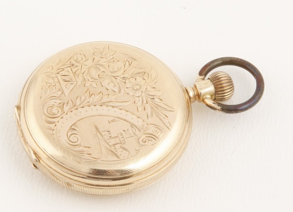 Appraisal: KY pocket watch features castle motif and monogram on case