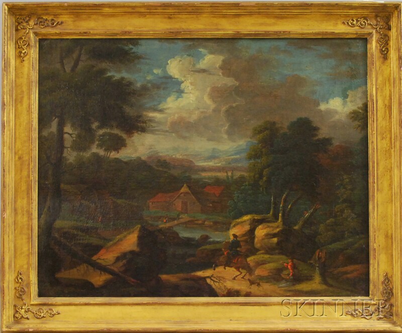 Appraisal: Continental School th Century Style Landscape with Horseman Approaching a