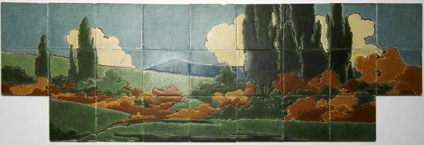 Appraisal: GRUEBY Exceptional twenty-five tile panel decorated in cuerda seca with