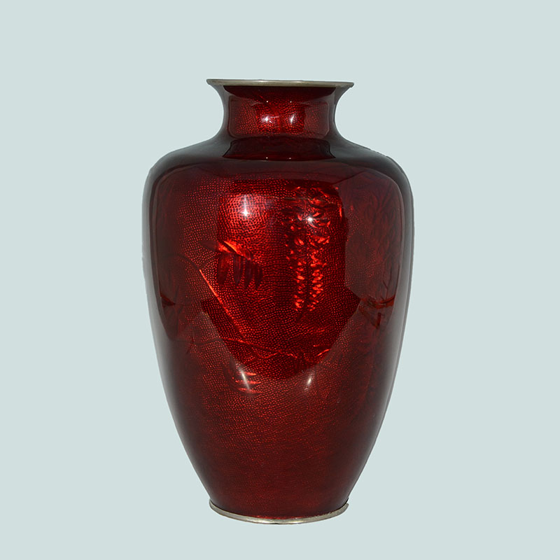 Appraisal: LARGE PIGEON BLOOD JAPANESE FOIL CLOISONNE VASE Pigeon blood red