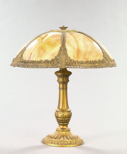 Appraisal: American Gilded Metal and Caramel Slag Glass Dome-Shaded Table Lamp