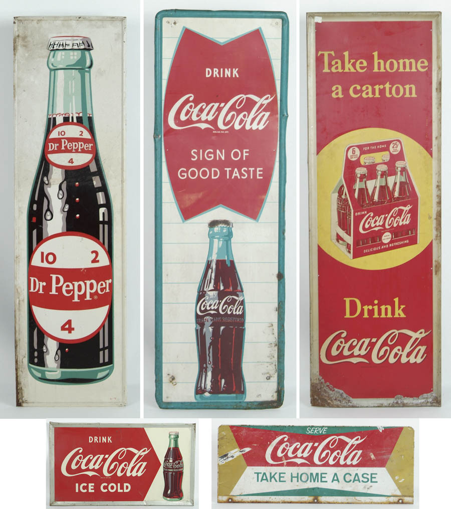 Appraisal: LOT OF FIVE SODA TIN SIGNS Two sided tin sign